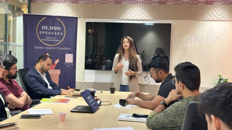 A participant speaks to her batch during a public speaking class at 10,000 Speakers in Gurgaon