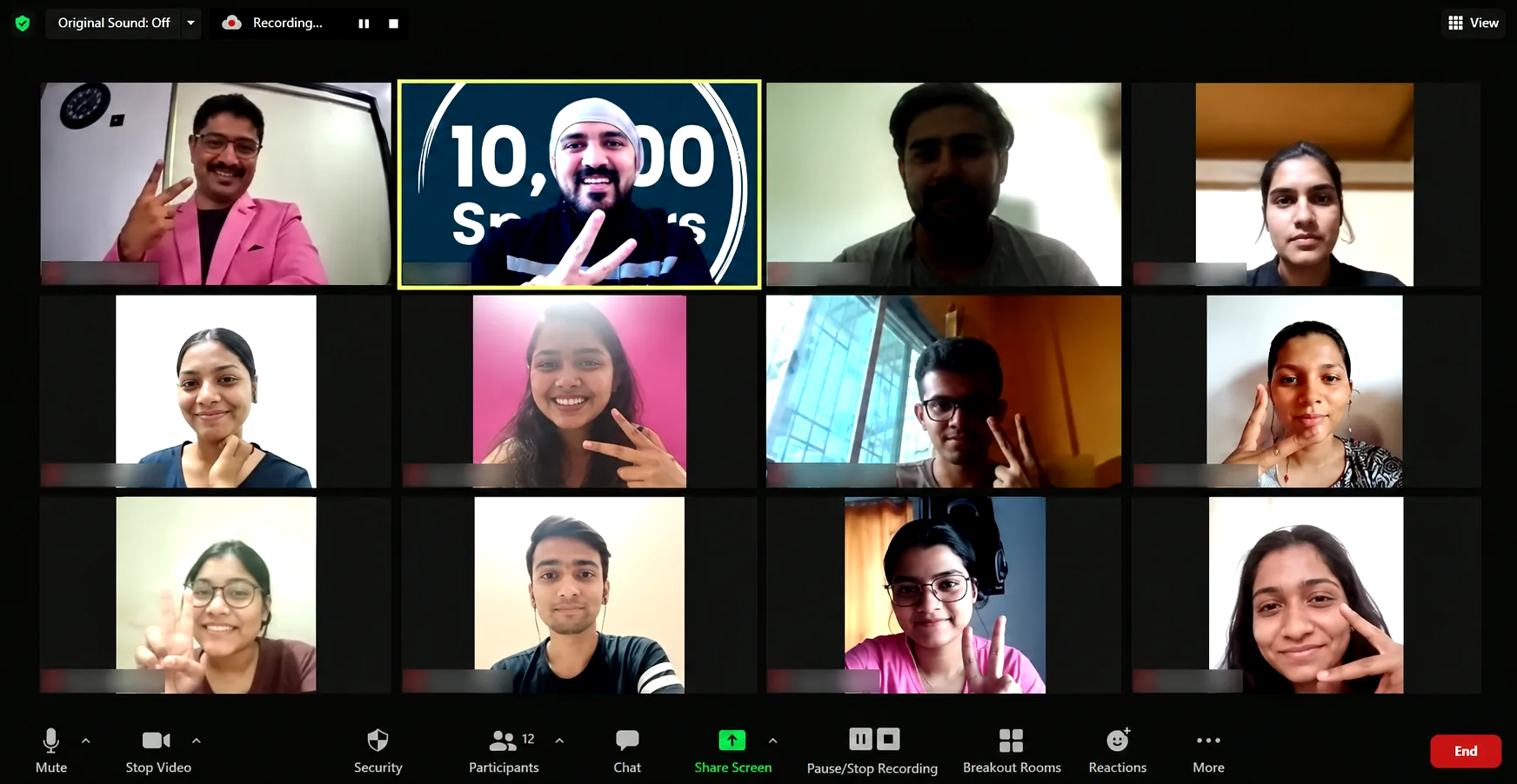 A live online public speaking class with 10,000 Speakers on a video call